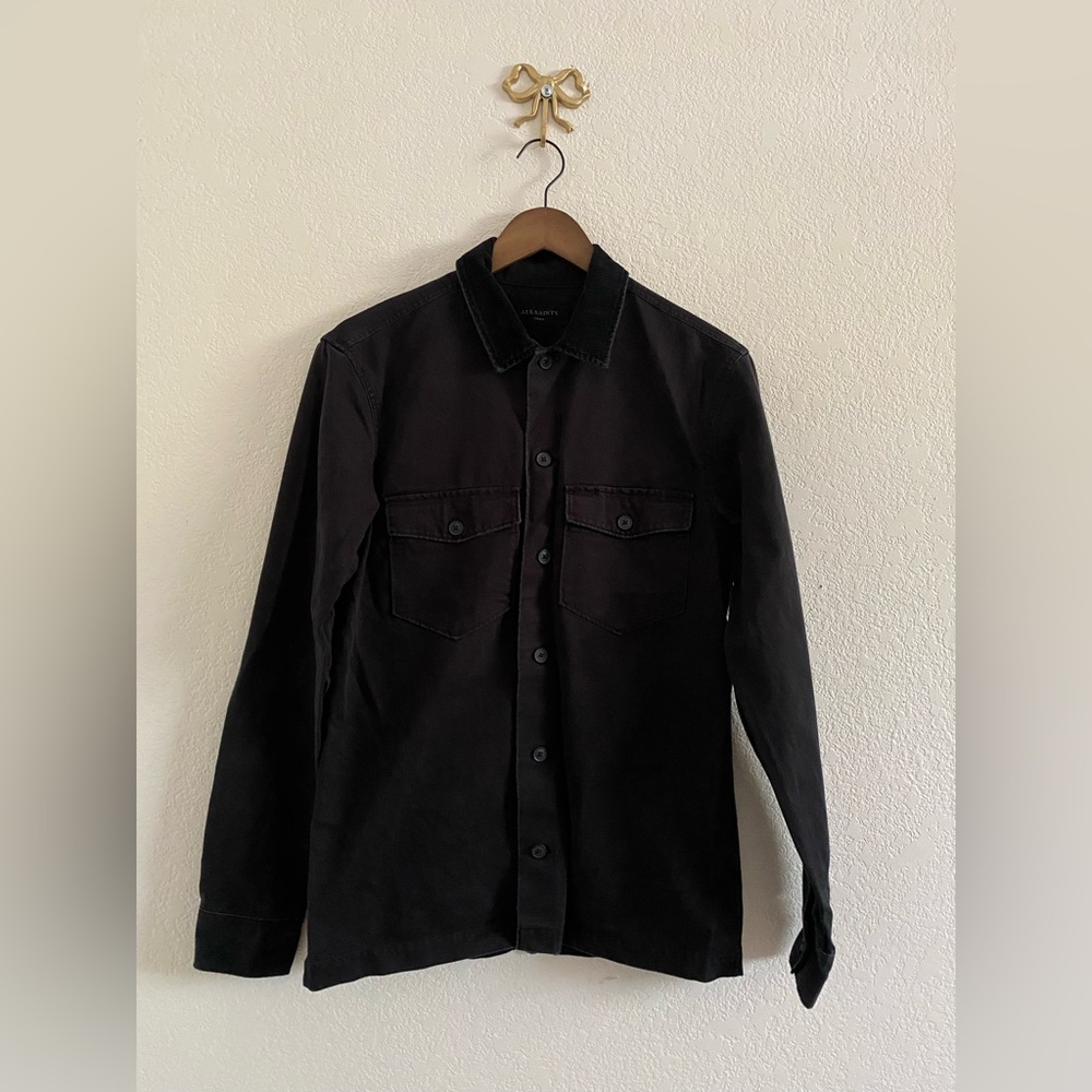AllSaints Lancer Button Up Shirt Mens Small Black Long Sleeve Shacket Fall